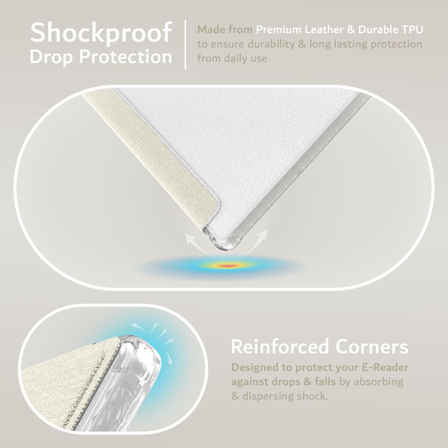 Made from Premium Leather & Durable TPU to ensure durability & long lasting protection from daily use

Shockproof Drop Protection

Reinforced Corners
Designed to protect your E-Reader against drops & falls by absorbing & dispersing shock.