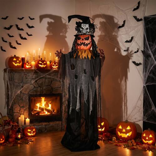 Alt View 7. Winado - 6FT Halloween Standing Pumpkin Head Skeleton Prop with Pop Out Skull, Sound for Indoor Outdoor Holiday Scary Decoration - Orange & Gray.