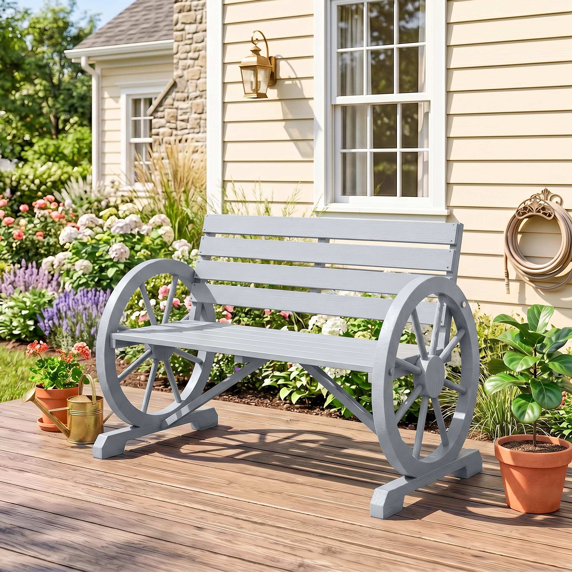 Alt View 1. Outsunny - Wooden Wagon Wheel Bench, Rustic Outdoor Patio Bench Weather Resistance Furniture, 2-Person Slatted Seat with Backrest - Charcoal Grey.