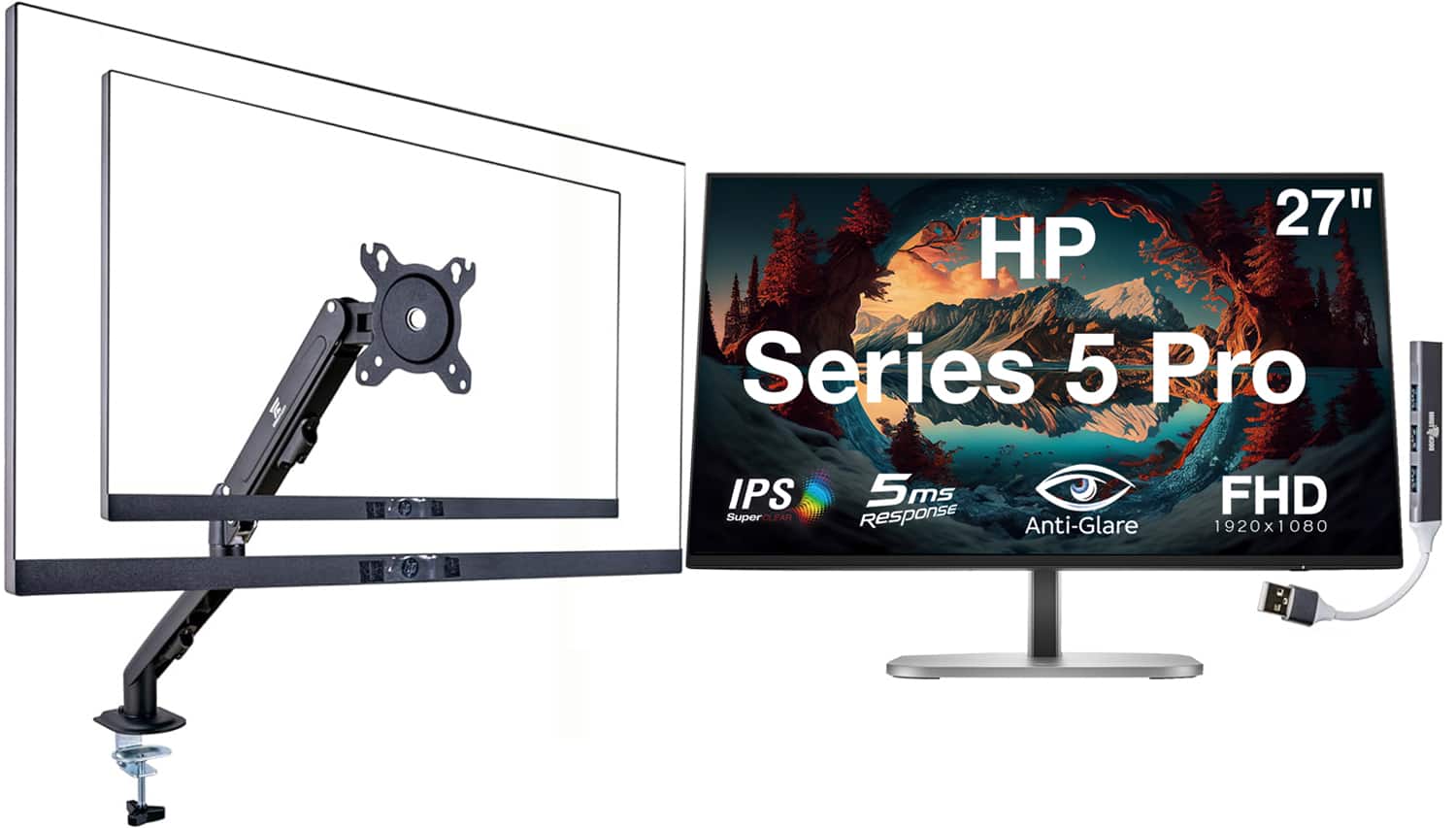 HP - Series 5 Pro 27" FHD IPS Monitor, Anti Glare, Flicker Free, Displayport, HDMI, w/DKZ Hub & ErgoFlexy Single Mount Arm - Black