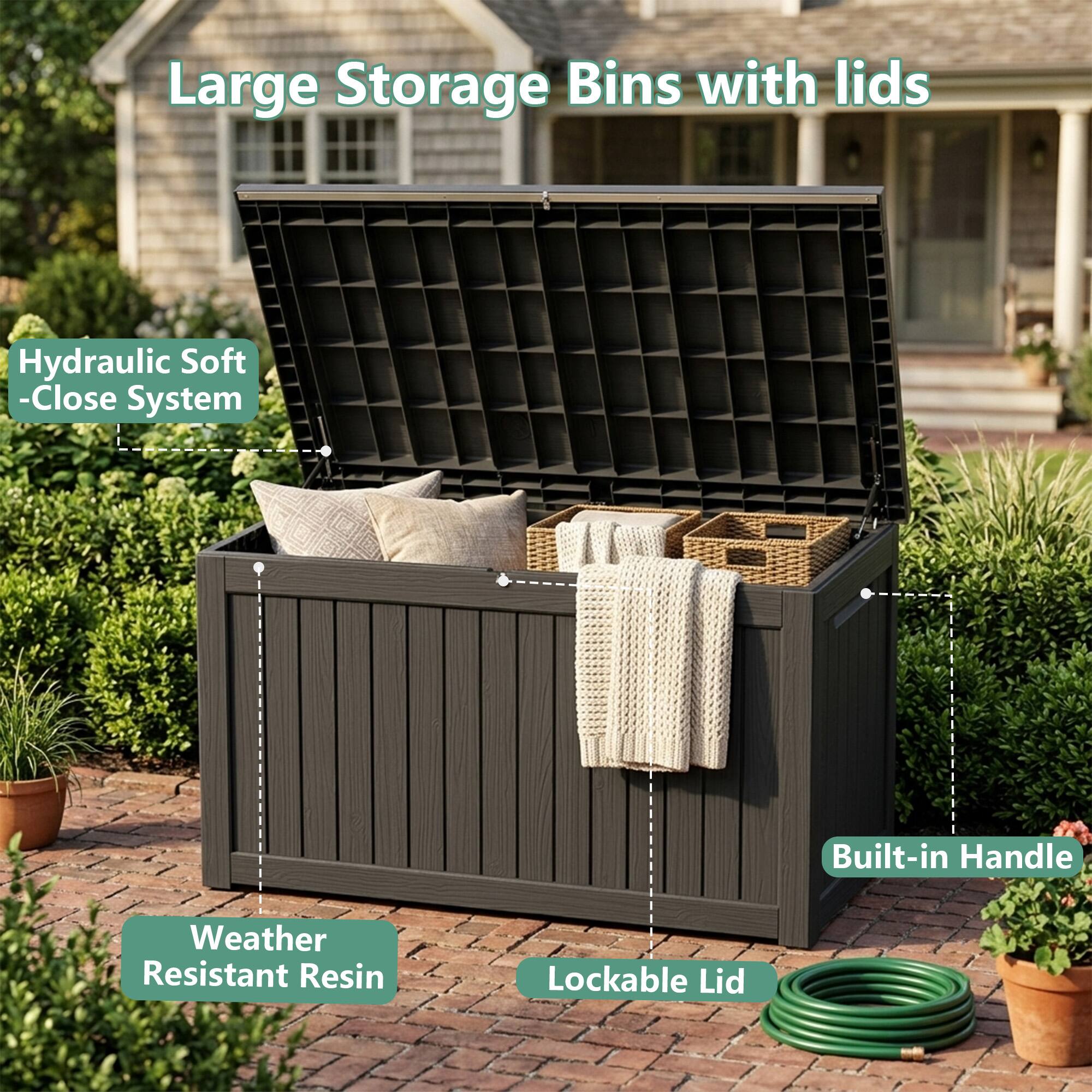 Large Storage Bins with lids

- Hydraulic Soft-Close System
- Built-in Handle
- Weather Resistant Resin
- Lockable Lid