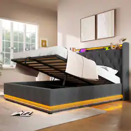 LUCKY ONE - Queen Size Upholstered Hydraulic Storage Bed with 360 Surround LED Lights, USB Type-C Charging, No Box Spring Needed - Gray