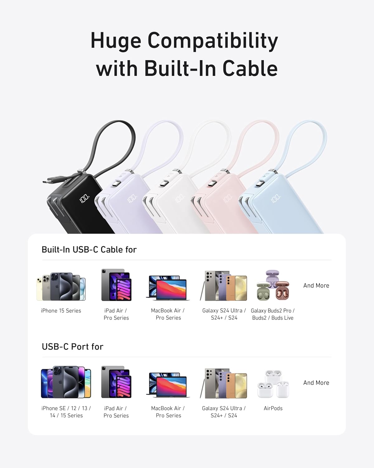 Huge Compatibility with Built-In Cable

Built-In USB-C Cable for
- iPhone 15 Series
- iPad Air / Pro Series
- MacBook Air / Pro Series
- Galaxy S24 Ultra / S24+ / S24
- Galaxy Buds2 Pro / Buds2 / Buds Live

USB-C Port for
- iPhone SE / 12 / 13 / 14 / 15 Series
- iPad Air / Pro Series
- MacBook Air / Pro Series
- Galaxy S24 Ultra / S24+ / S24
- AirPods

And More