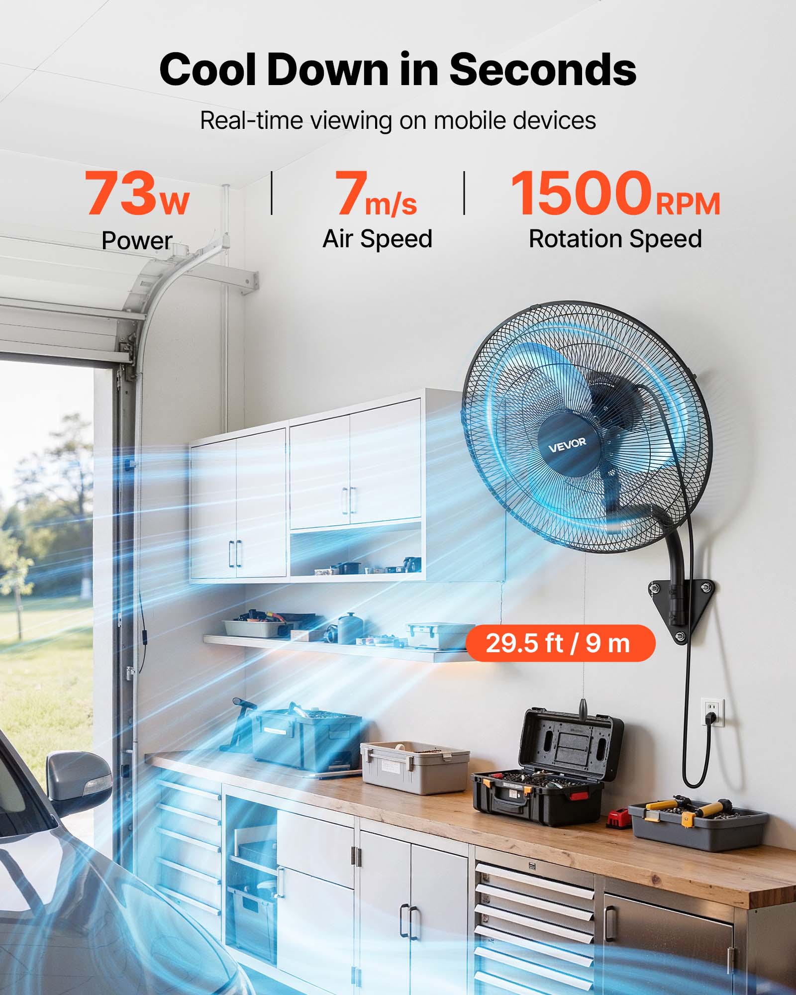 Cool Down in Seconds  
Real-time viewing on mobile devices  

73w  
Power  

7 m/s  
Air Speed  

1500 RPM  
Rotation Speed  

29.5 ft / 9 m