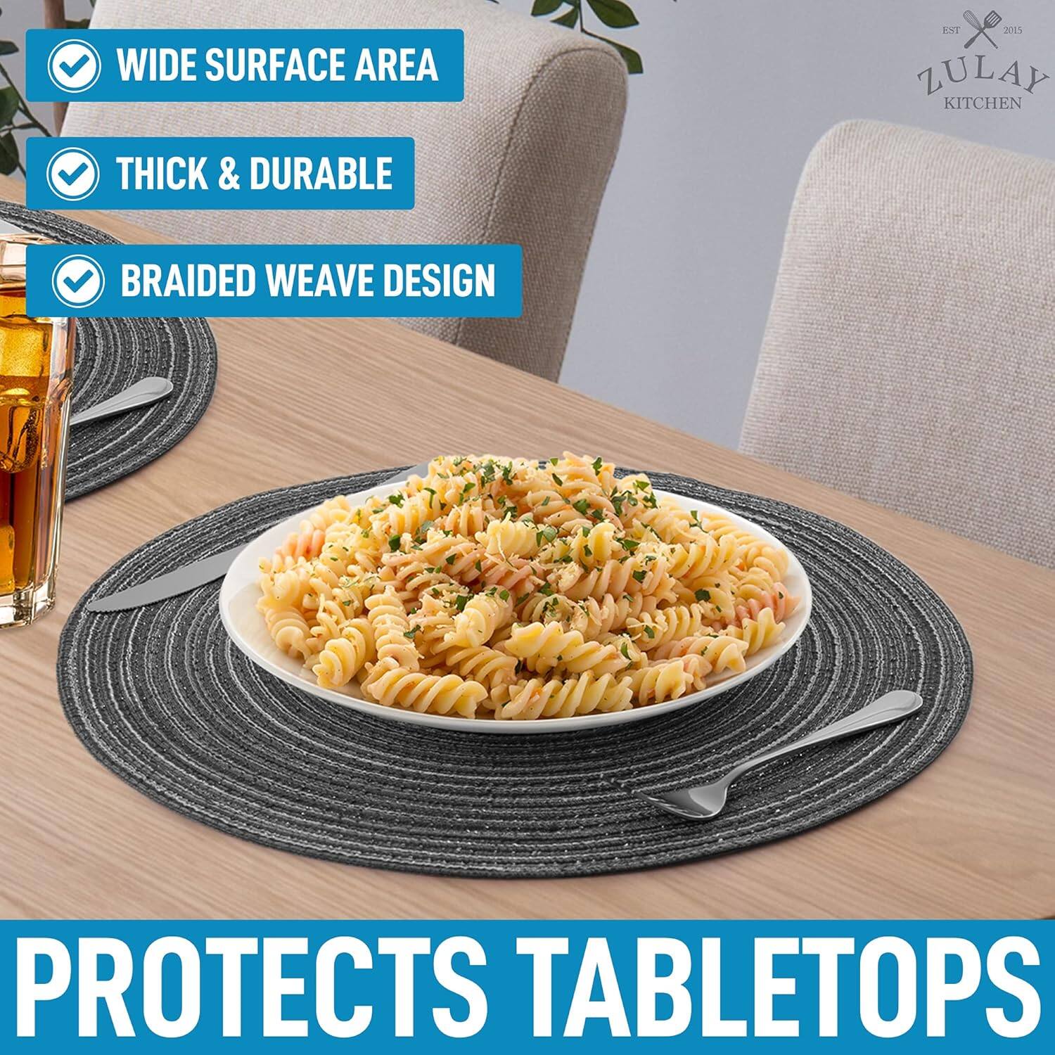 The text in the image can be grouped and corrected as follows:

- **Wide Surface Area**
- **Thick & Durable**
- **Braided Weave Design**
- **Protects Tabletops**

These features are highlighted in the image, showcasing the product's benefits.