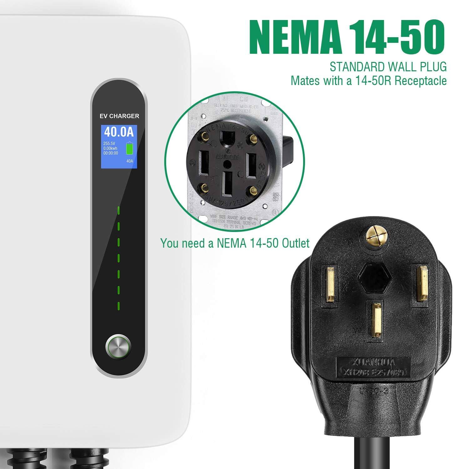 EV CHARGER 40.0A 255.5V 0.00kWh 0000:00 40A NEMA 14-50 STANDARD WALL PLUG Mates with a 14-50R Receptacle IA Ci 114 N. IN 20% LEE HEMA 6- su 3L06026 04-12572200 ME SET RANGE dr TTEN RERAL SCENS 1 21 You need a NEMA 14-50 Outlet