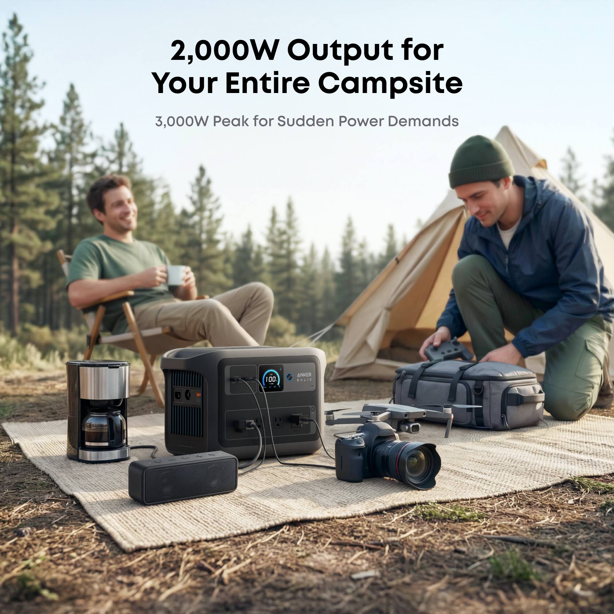 2,000W Output for Your Entire Campsite  
3,000W Peak for Sudden Power Demands