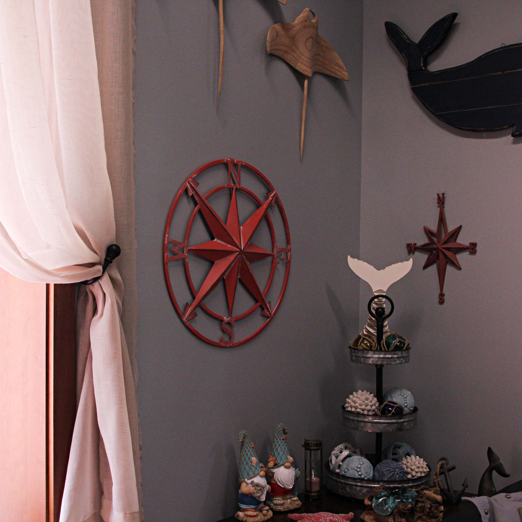 Alt View 4. Zeckos - 20 Inch Distressed Metal Compass Rose Nautical Wall Decor Indoor Outdoor, Coral - Coral.