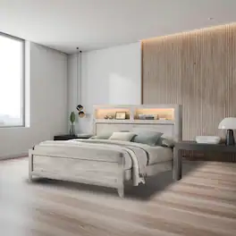 Parrot Uncle - Queen Size Wood Platform Bed Frame with Storage Headboard and Light, No Box Spring Needed - White Wash