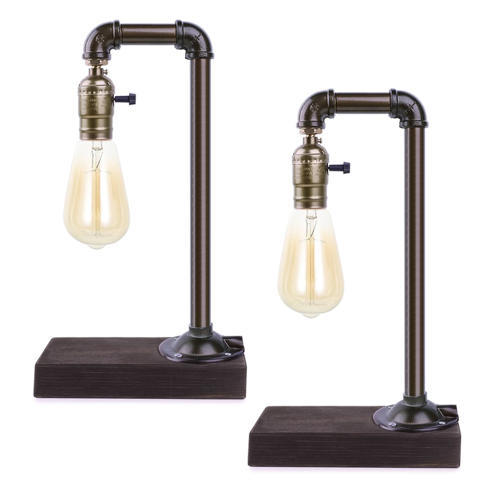 Alt View 2. Oumilen - Industrial Pipe Desk Lamp with Wooden Base.
