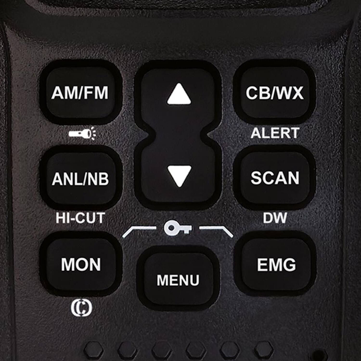 AM/FM CB/WX ALERT ANL/NB SCAN HI-CUT DW MON MENU EMG