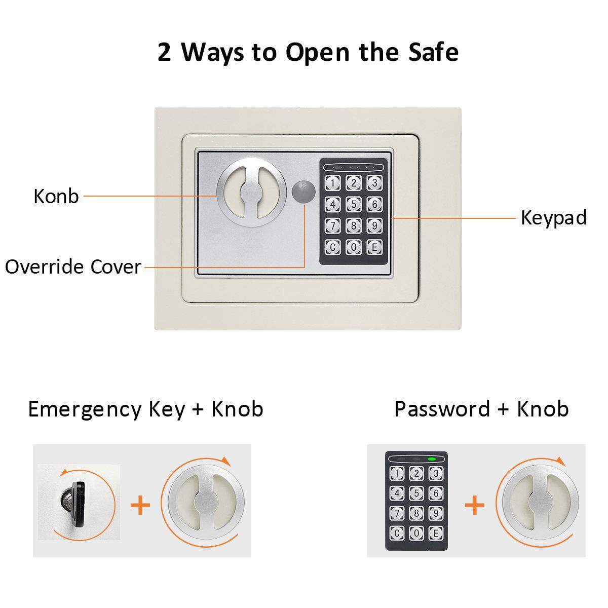 2 Ways to Open the Safe

Konb  
Override Cover  
Keypad

Emergency Key + Knob

Password + Knob