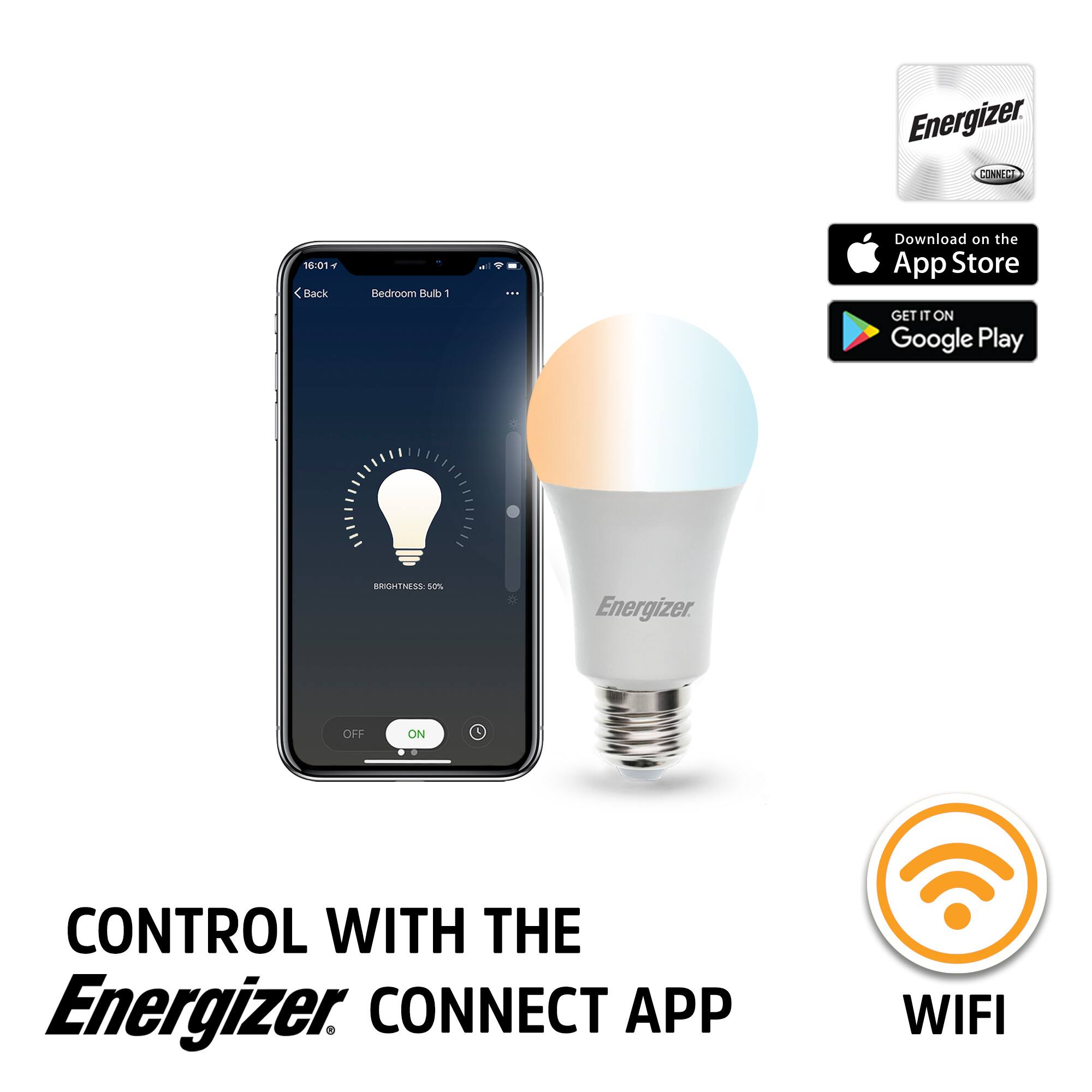 Energizer CONNECT

10:01 < Back Bedroom Bulb 1

Download on the App Store  
GET IT ON Google Play

Energizer

CONTROL WITH THE  
Energizer CONNECT APP

WIFI
