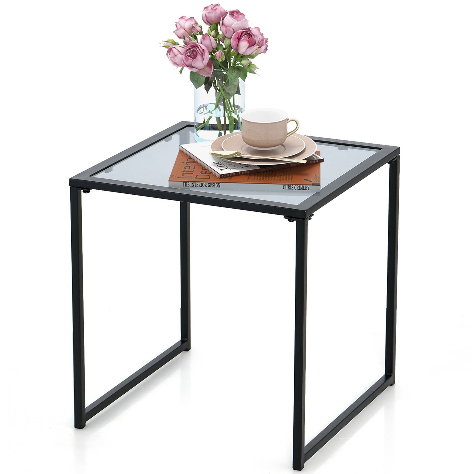 Costway - Patio Side Table Outdoor 17'' Tempered Glass End Coffee Table for Porch Garden - Black