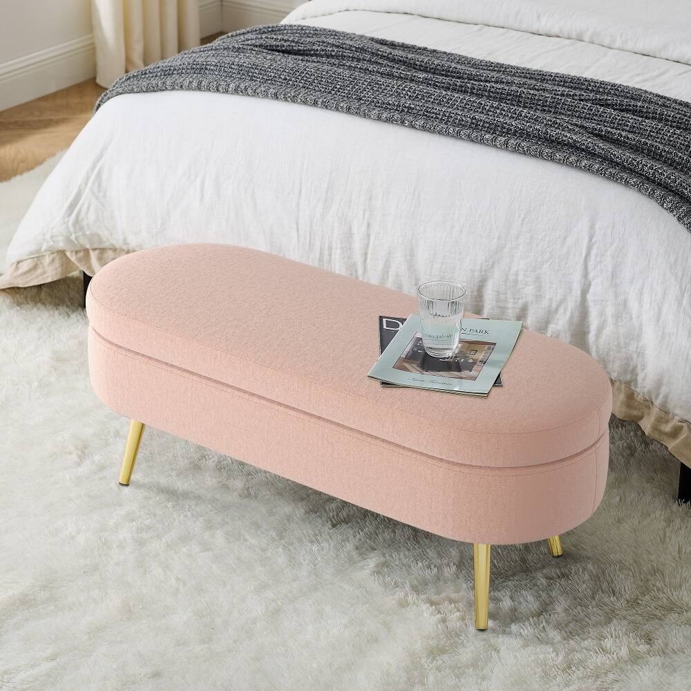 Left. Ropilly - Ropilly Pink Oval Storage Bench Flannel Upholstered Ottoman with Metal Legs - Pink.
