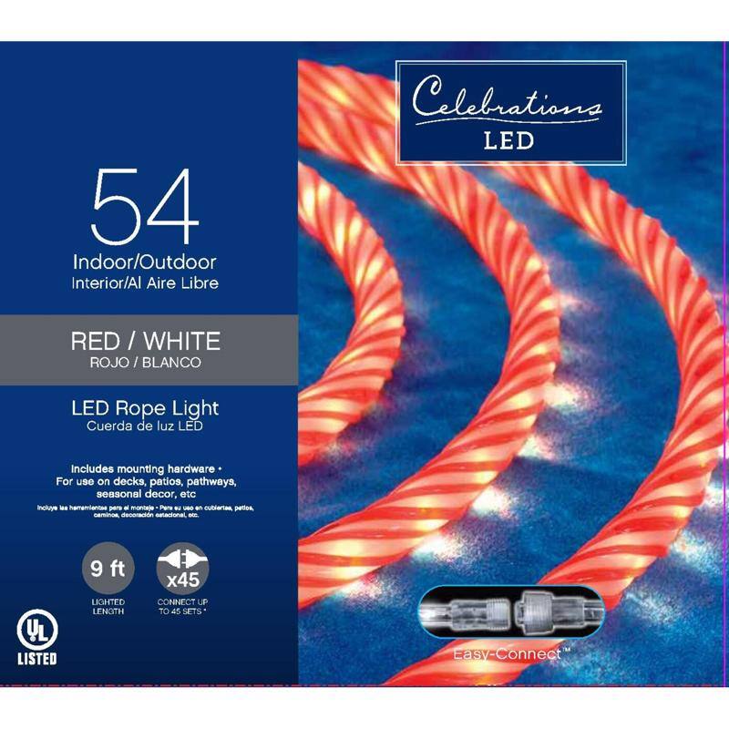 54 Indoor/Outdoor Interior/Al Aire Libre Celebrations LED RED / WHITE / ROJO / BLANCO / LED Rope Light Cuerda de luz LED

Includes mounting hardware For use on decks, patios, pathways, seasonal decor, etc Incluye las herramientas para el montaje Pere B - an cubiertas petion, nmo decoración estacional

9 ft LIGHTED LENGTH x45 CONNECT UP TO 45 SETS Easy-Connect