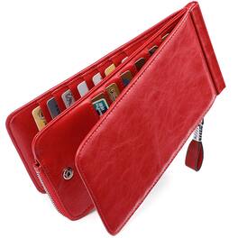 Jadie Link - Rfid Wallet Women Large Size Bifold Multi Card Case Zipper Pocke Credit Holder GENUINE LEATHER -Our RFID credit card - Oil Wax leather Red