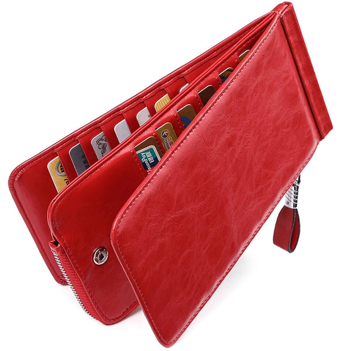 Front. Jadie Link - Rfid Wallet Women Large Size Bifold Multi Card Case Zipper Pocke Credit Holder GENUINE LEATHER -Our RFID credit card - Oil Wax leather Red.