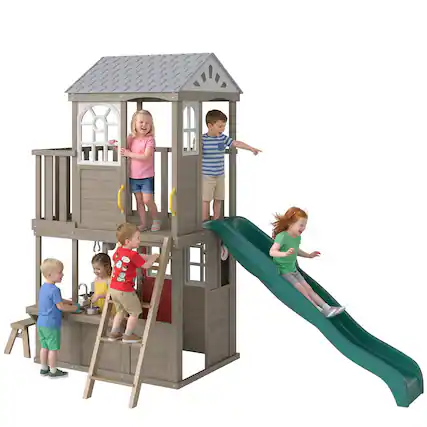 Front. Qaba - Outdoor Playhouse, Wooden Kids Playhouse with Slide, Bench, BBQ Play Kitchen, Ladder - Brown.
