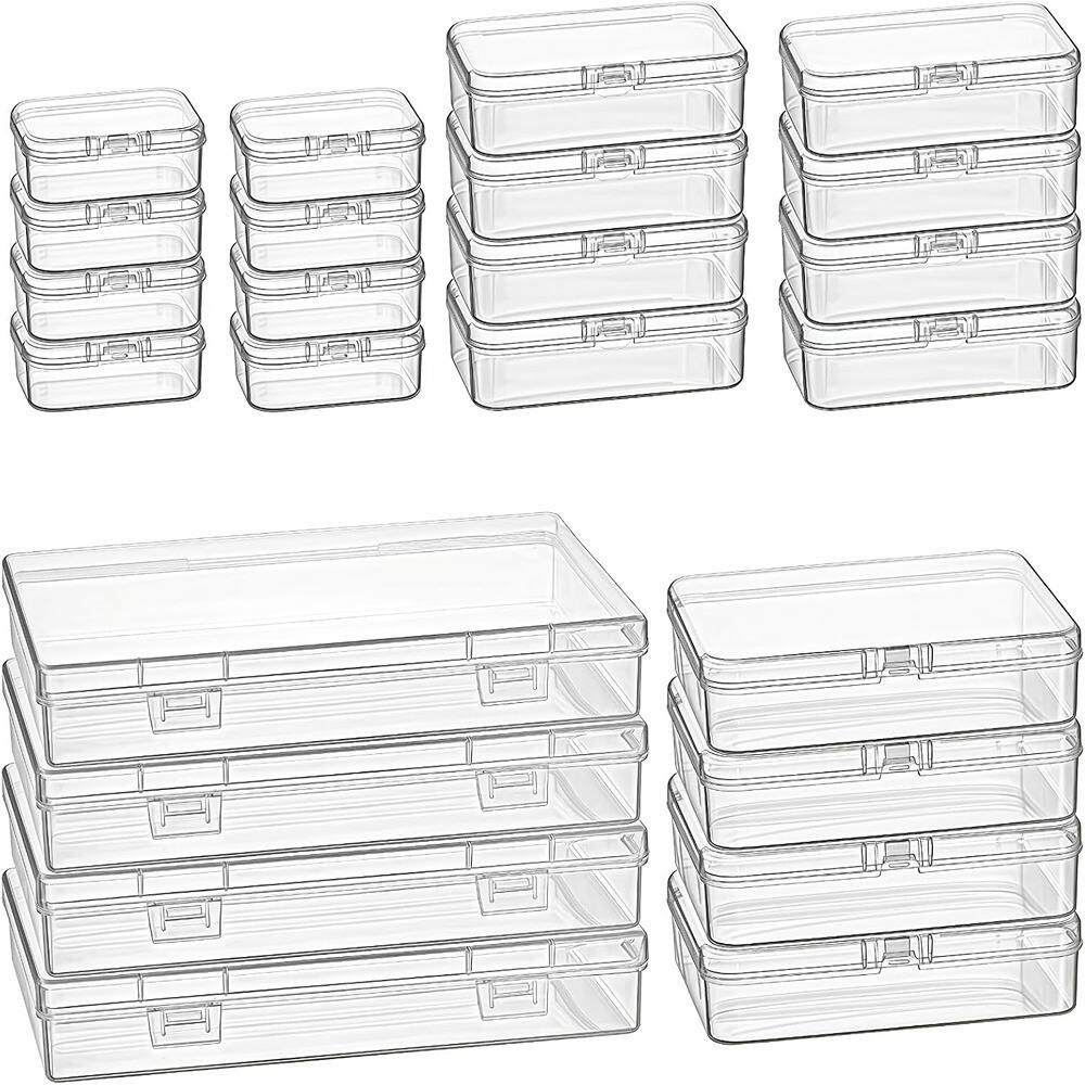 Front. RTMB - 24-Pack Clear Plastic Organizer Boxes, Hinged Lids, Mixed Sizes.
