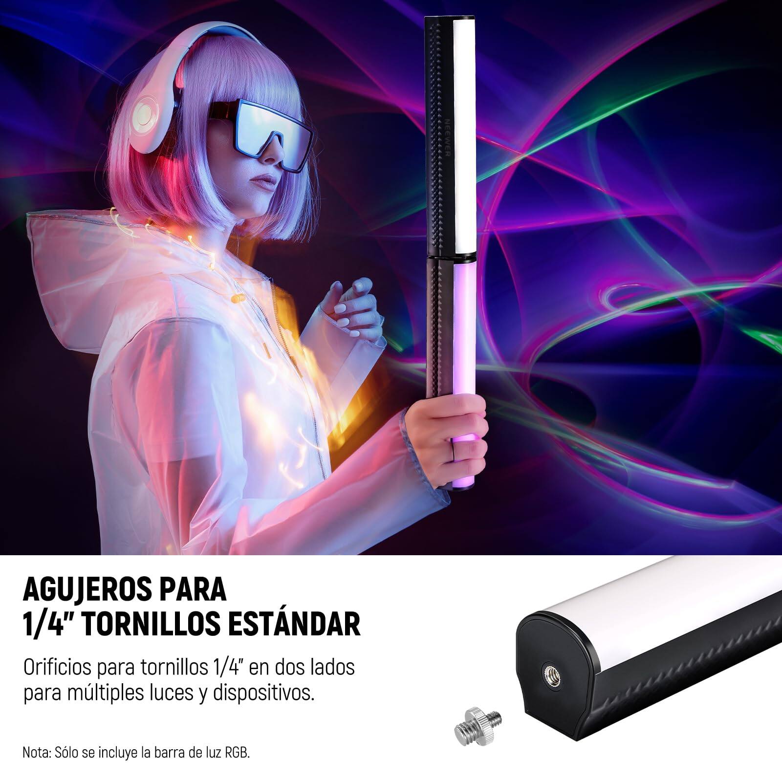 AGUJEROS PARA 1/4" TORNILLOS ESTÁNDAR  
Orificios para tornillos 1/4" en dos lados para múltiples luces y dispositivos.  
Nota: Solo se incluye la barra de luz RGB.