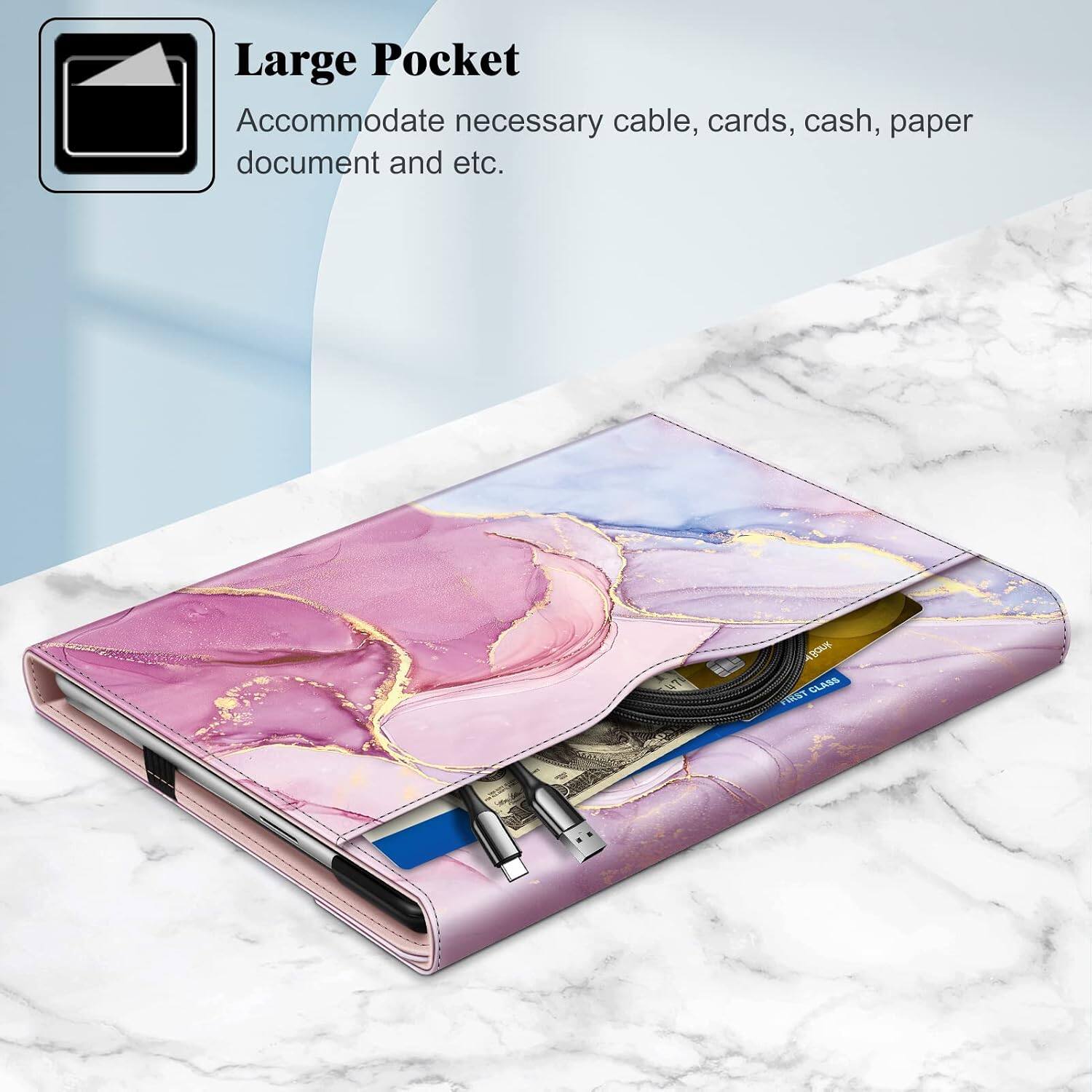 Large Pocket  
Accommodate necessary cable, cards, cash, paper document and etc.