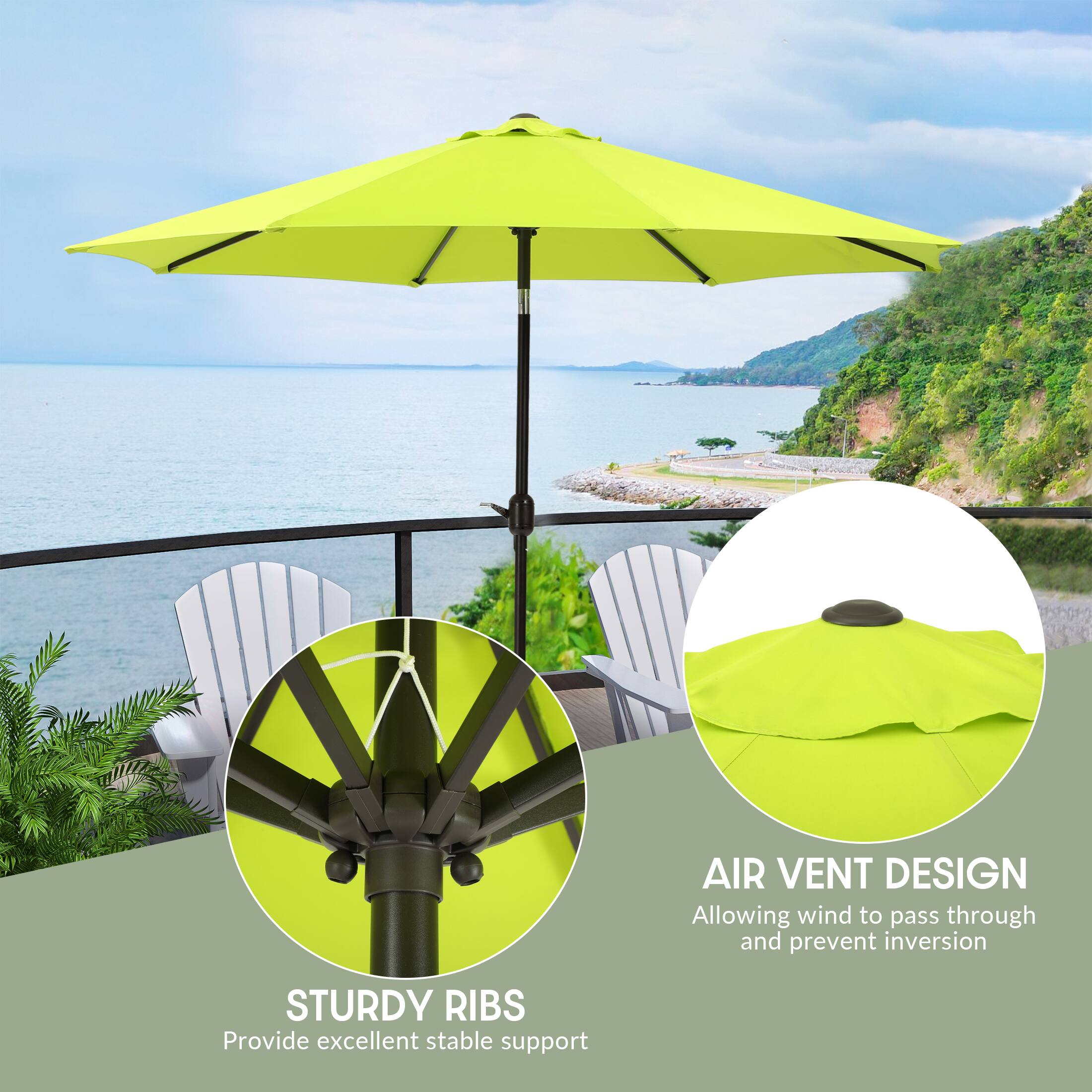 AIR VENT DESIGN  
Allowing wind to pass through and prevent inversion  

STURDY RIBS  
Provide excellent stable support