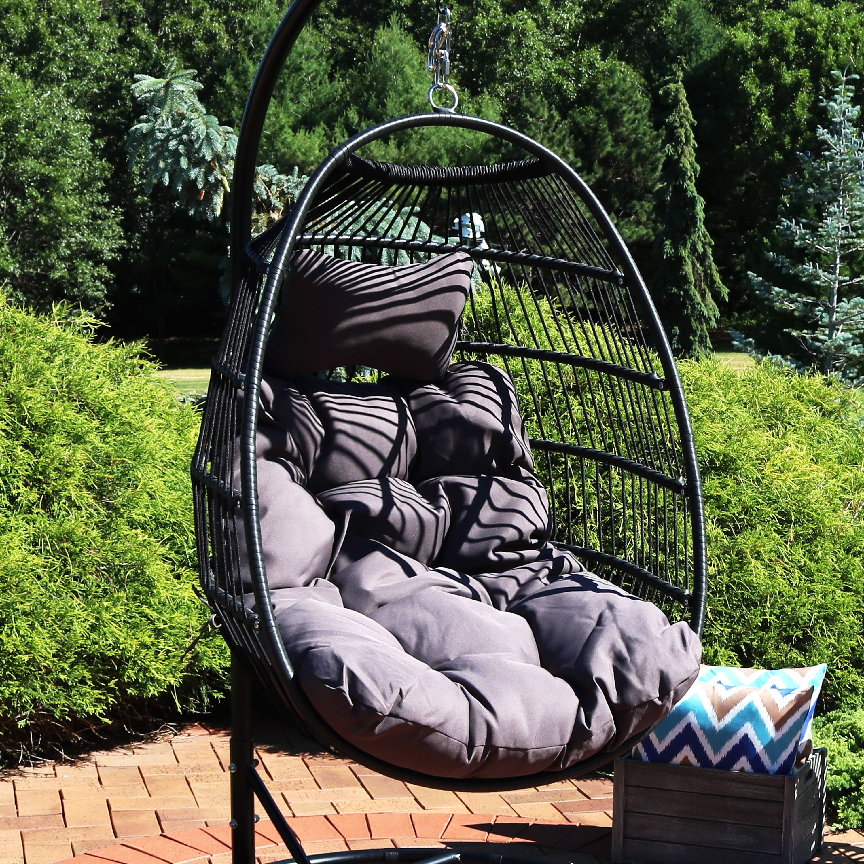 Alt View 3. Sunnydaze - Black Polyethylene Wicker Hanging Egg Chair with Cushions - Gray.