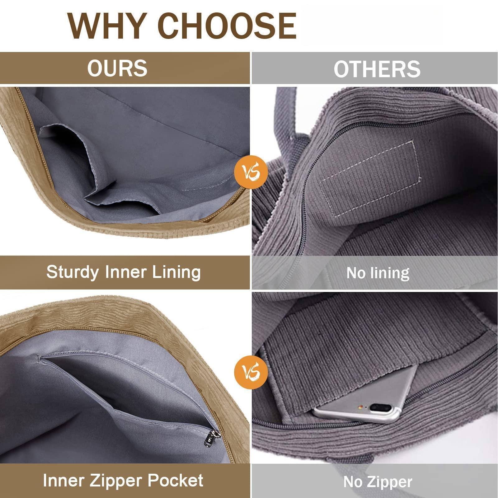 **WHY CHOOSE**

**OURS**  
- Sturdy Inner Lining  
- Inner Zipper Pocket  

**OTHERS**  
- No lining  
- No Zipper