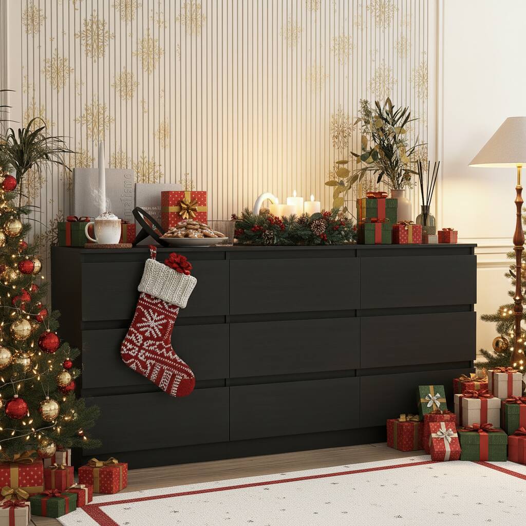 Kadyn - 9 Drawer Wide Dressers for Bedroom, Modern Chest of Drawer Organizer - Black