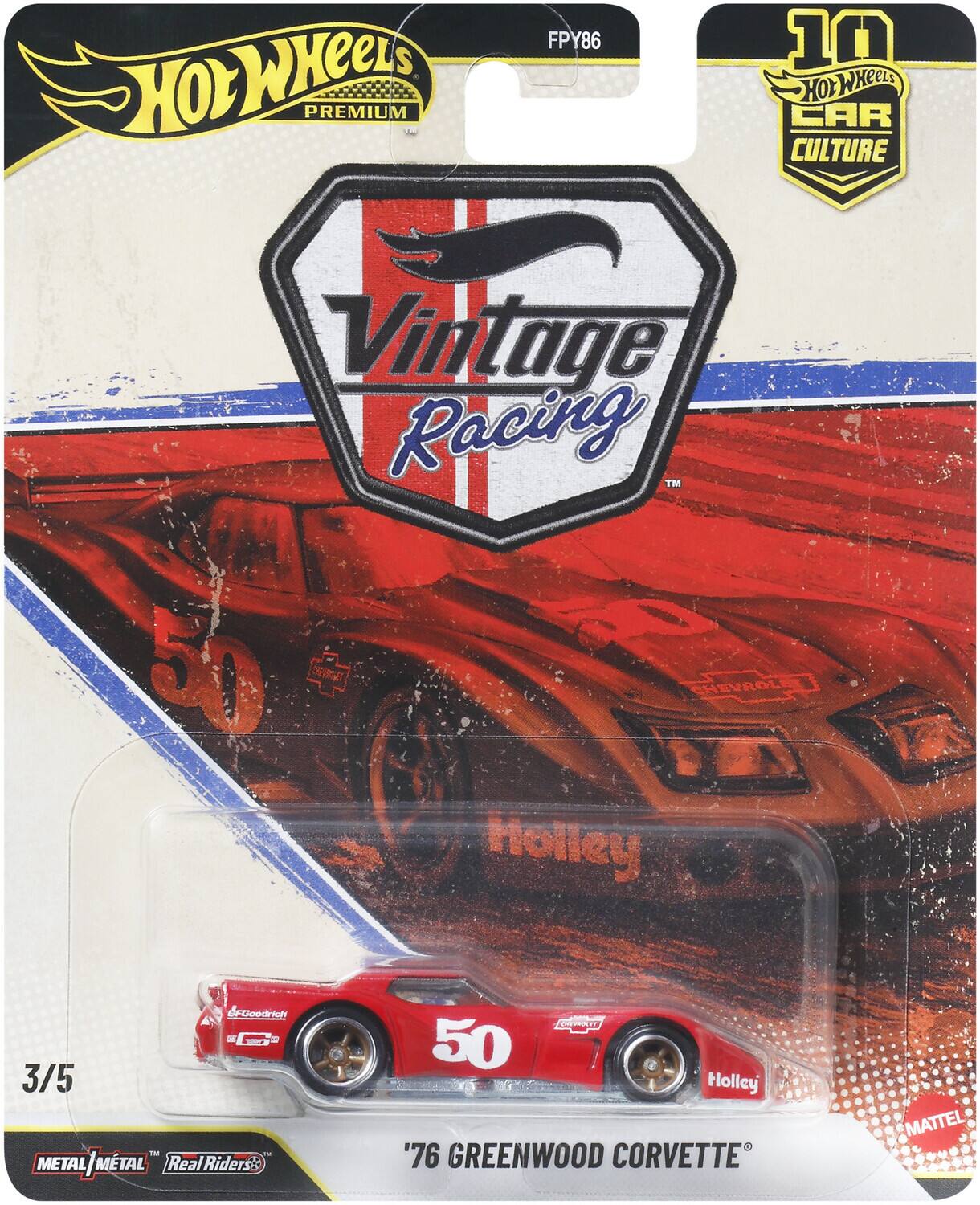 Hot Wheels Premium FPY86 10 Hot Wheels Car Culture Vintage Racing TM C Chevrolet Holley droondrich 3/5 TM - METAL METAL/MTAL MTAL RealRiders: TE 50 Holley '76 Greenwood Corvette MATTEL