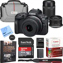 Bundle - Canon - EOS R100 Mirrorless Camera with 2 Lens Kit 18-45mm & 55-210mm Accessory Package - Black