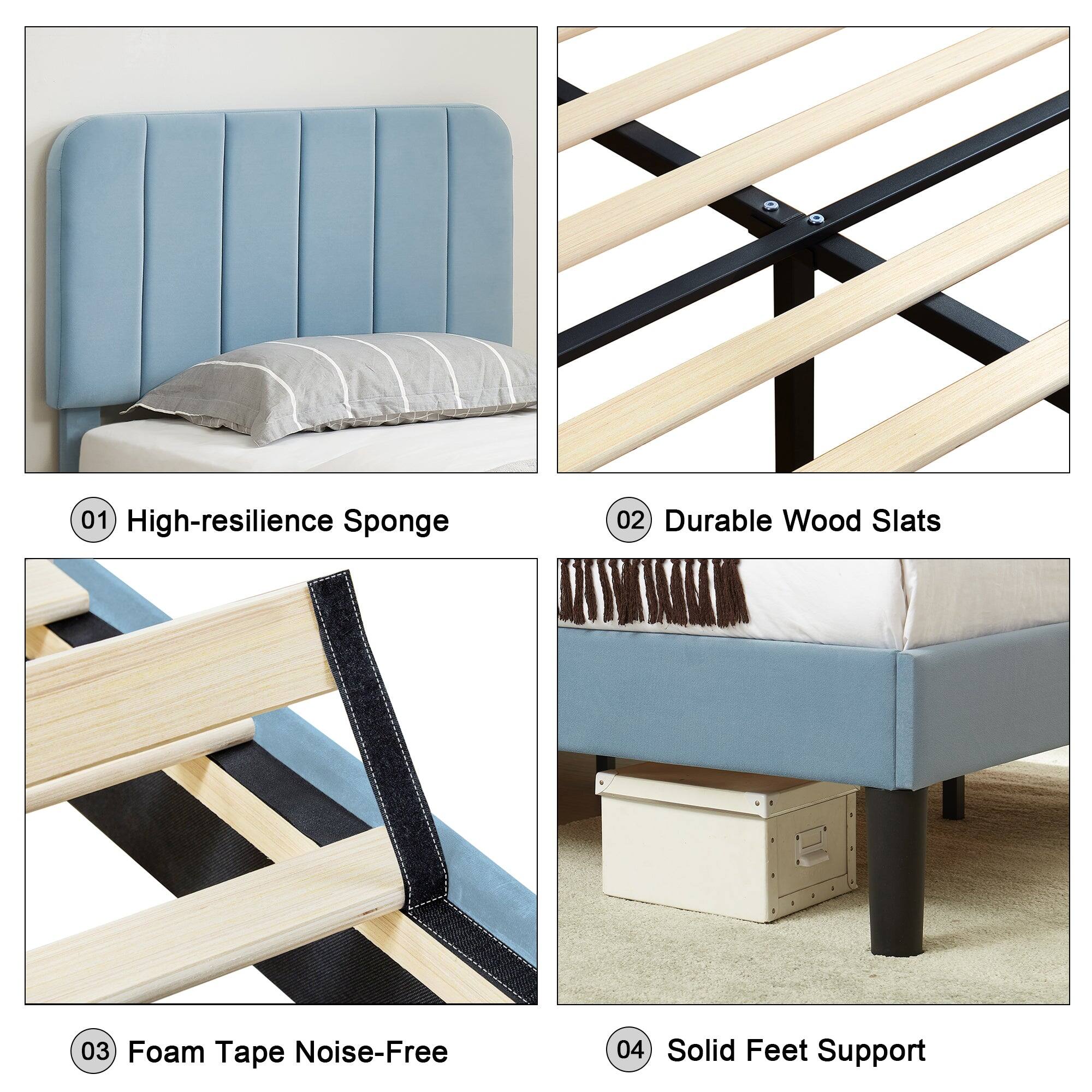 01 High-resilience Sponge  
02 Durable Wood Slats  
03 Foam Tape Noise-Free  
04 Solid Feet Support