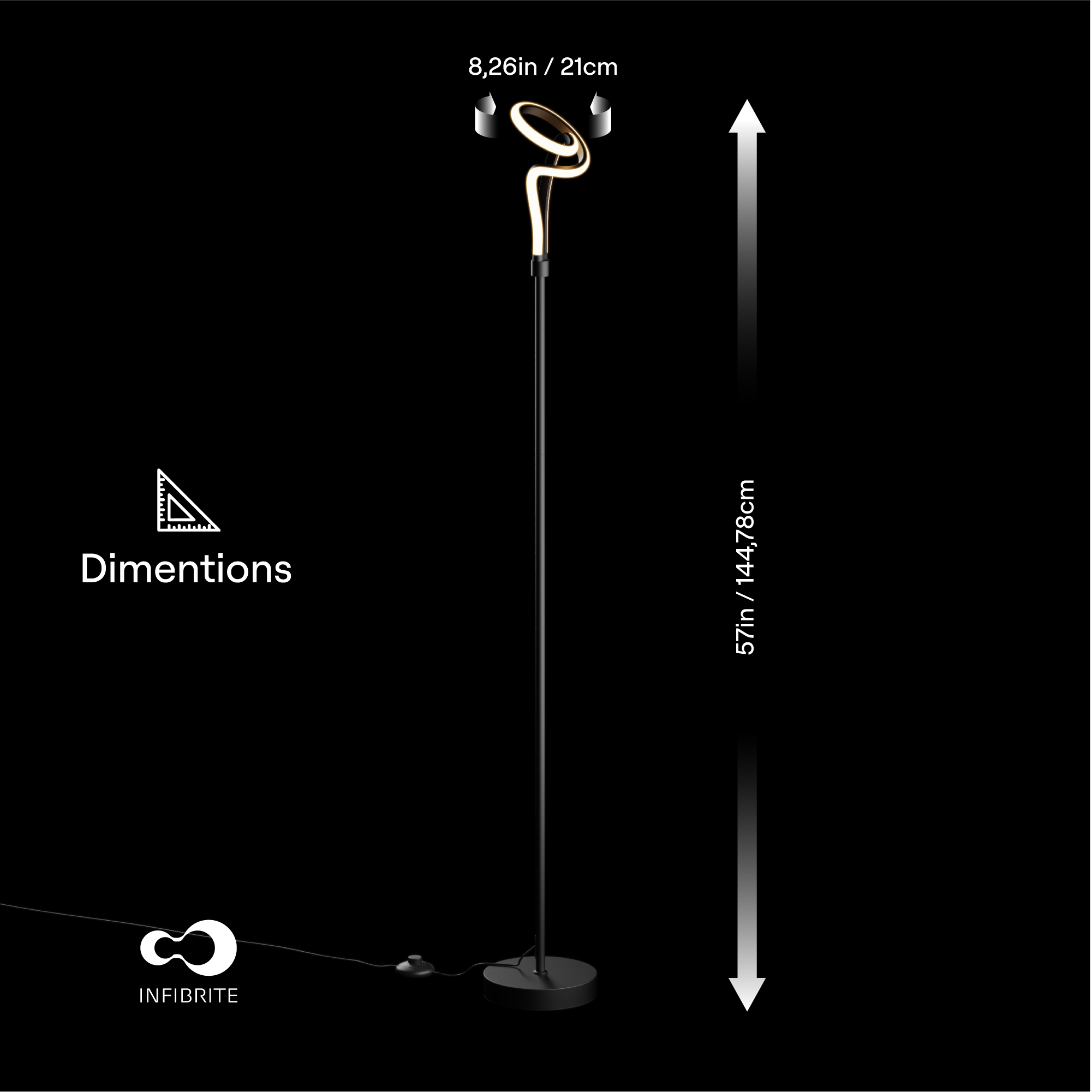 8.26in / 21cm  
Dimensions 144.78cm / 57in  
INFIBRITE