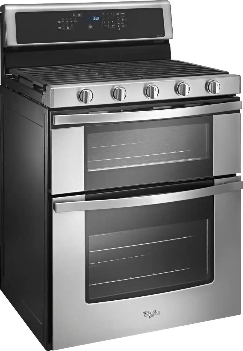Angle. Whirlpool - 6.0 Cu. Ft. Self-Cleaning Freestanding Double Oven Gas Convection Range - Stainless Steel.