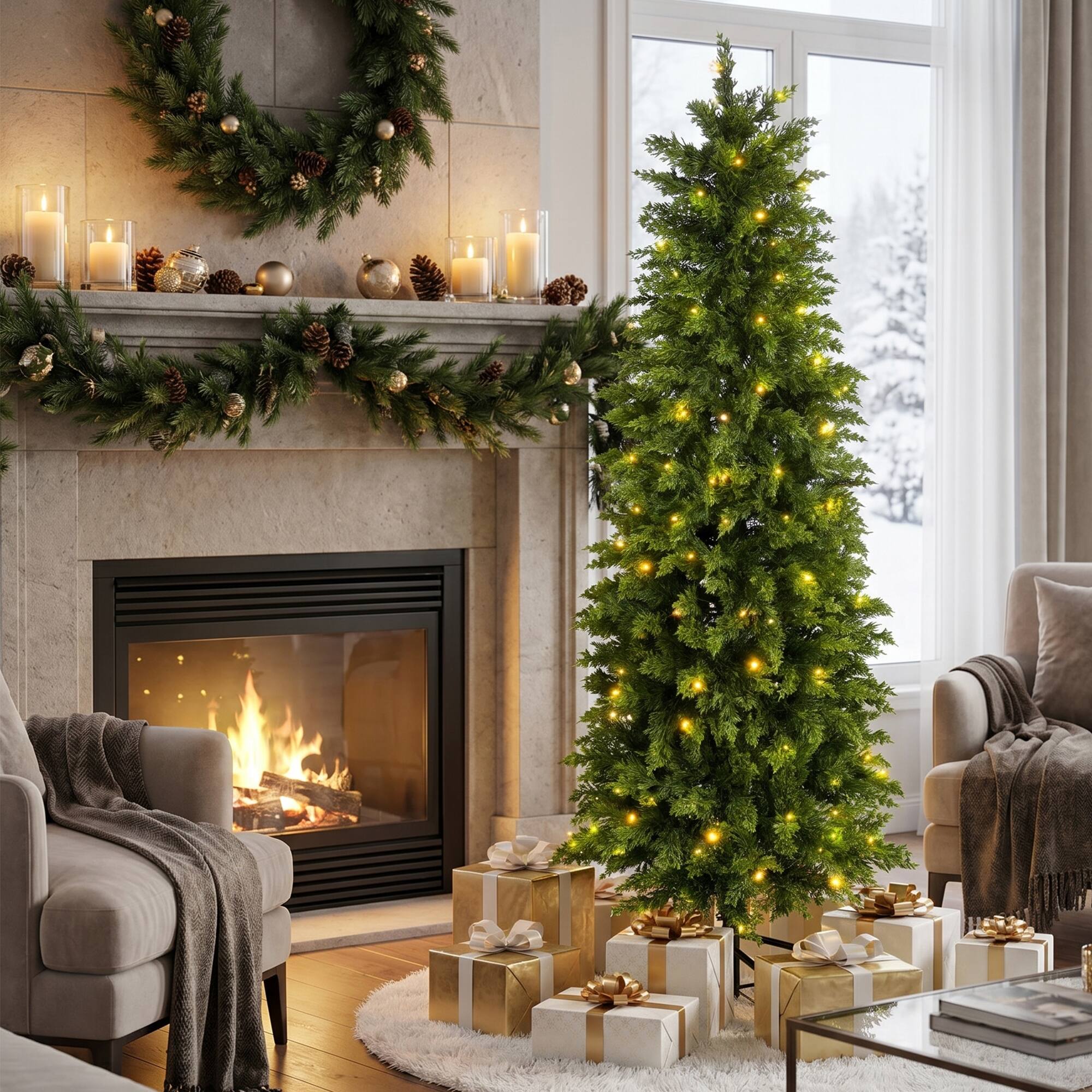 Front. Glitzhome - 5ft Pre-lit Christmas Artificial Cypress Tree with 150 Twinkling Lights - Green.