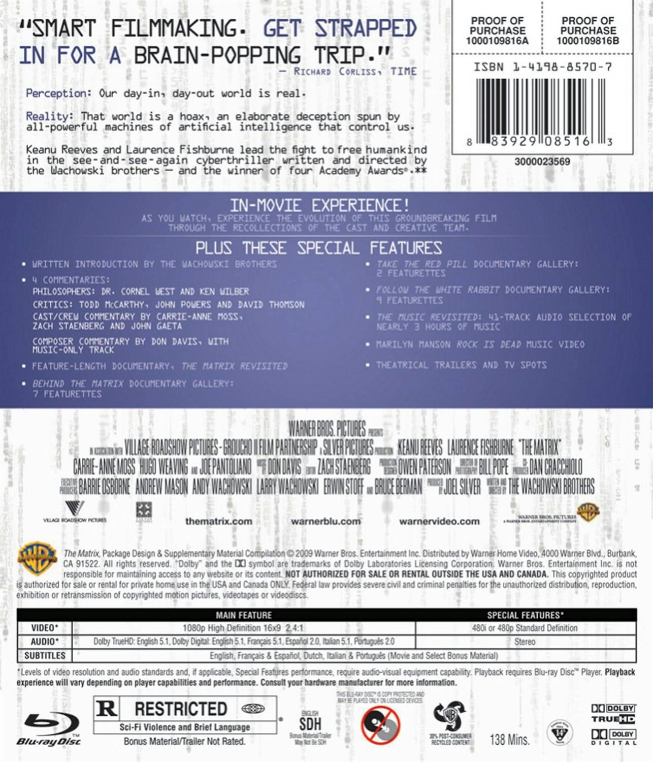 Back. Matrix, The 10th Anniversary (Blu-ray 10th Anniversary Edition) [Blu-ray].