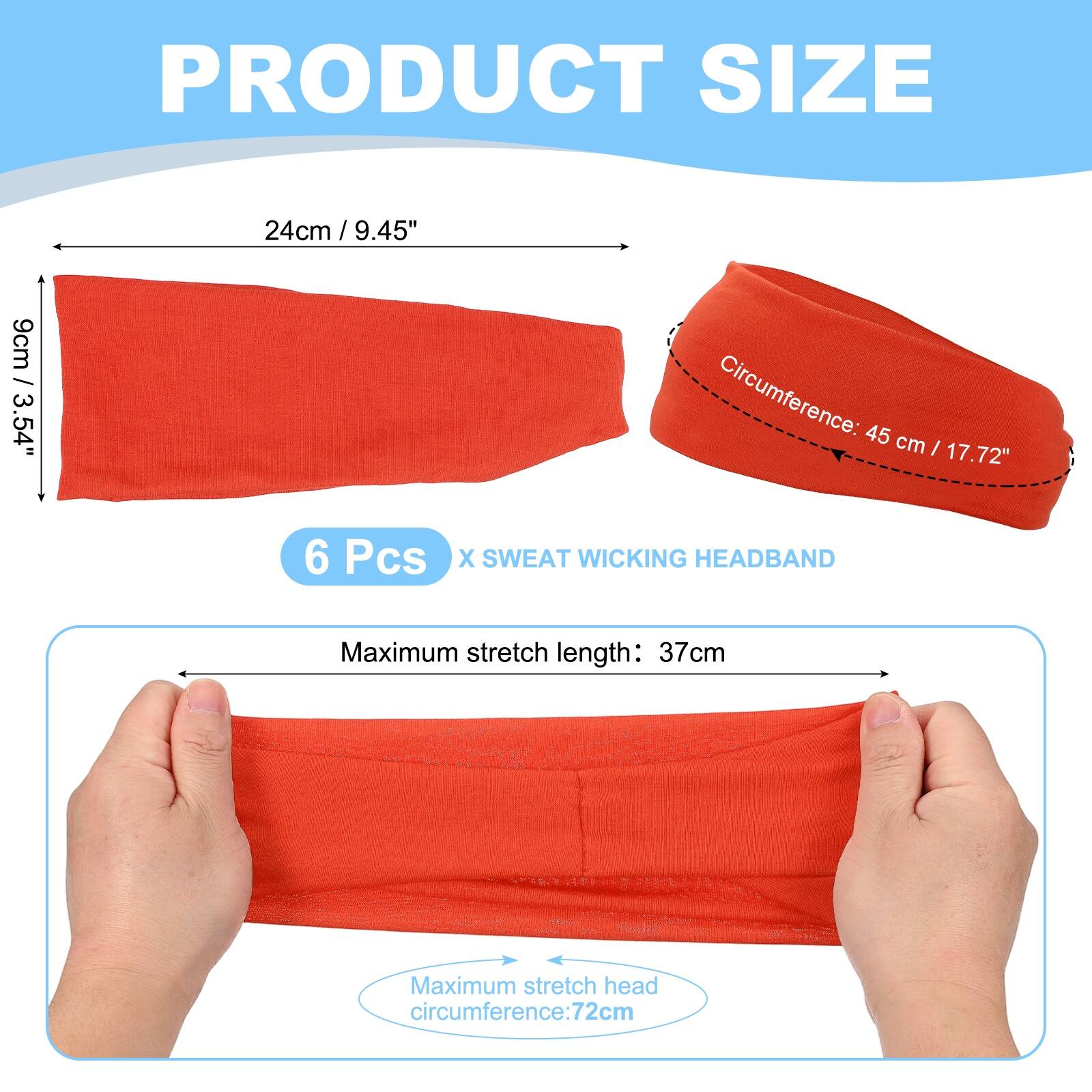PRODUCT SIZE

24cm / 9.45"  
9cm / 3.54"  
Circumference: 45 cm / 17.72"  

6 Pcs X SWEAT WICKING HEADBAND  

Maximum stretch length: 37cm  
Maximum stretch head circumference: 72cm