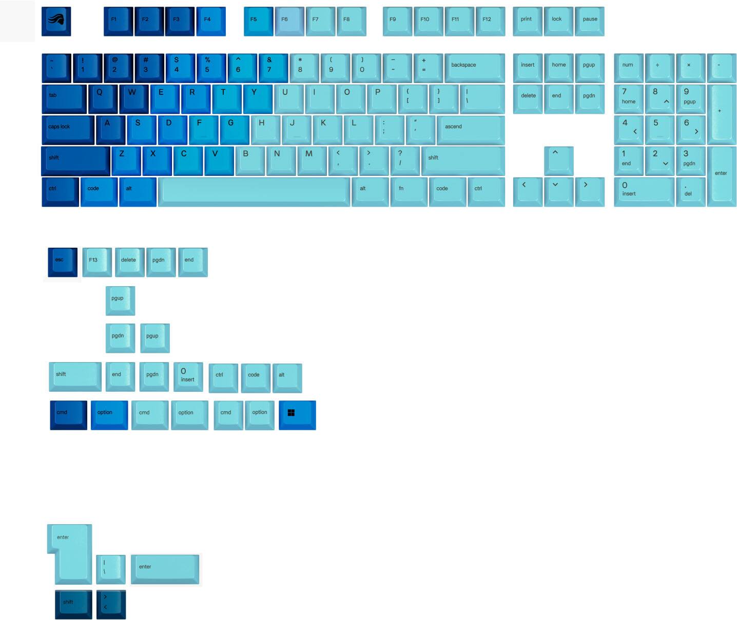 F1 F2 13 14 FS FE F7 F8 FB FSO F11 F12 print lock pause - - I 1 D 2 " 3 5 4 % e 6 & i B I 9 1 0 1 - backspace insert home PGUP num + . dal Q W E R T Y U I o P I - I I I I delete end pgdn 7 home 8 9 ) caps lock A S D F G H J K L I - ascend 4 5 6 shift Z x C V B N M 4 5 7 I s 1 end 2 3 page up anter eh corke al at t code cte 4 2 o insert del - FN delete pgdn and 100 pgdn DOVD shift and pgdn 0 insert art ema option cmd option arrows I - arrow shunt A 4 A