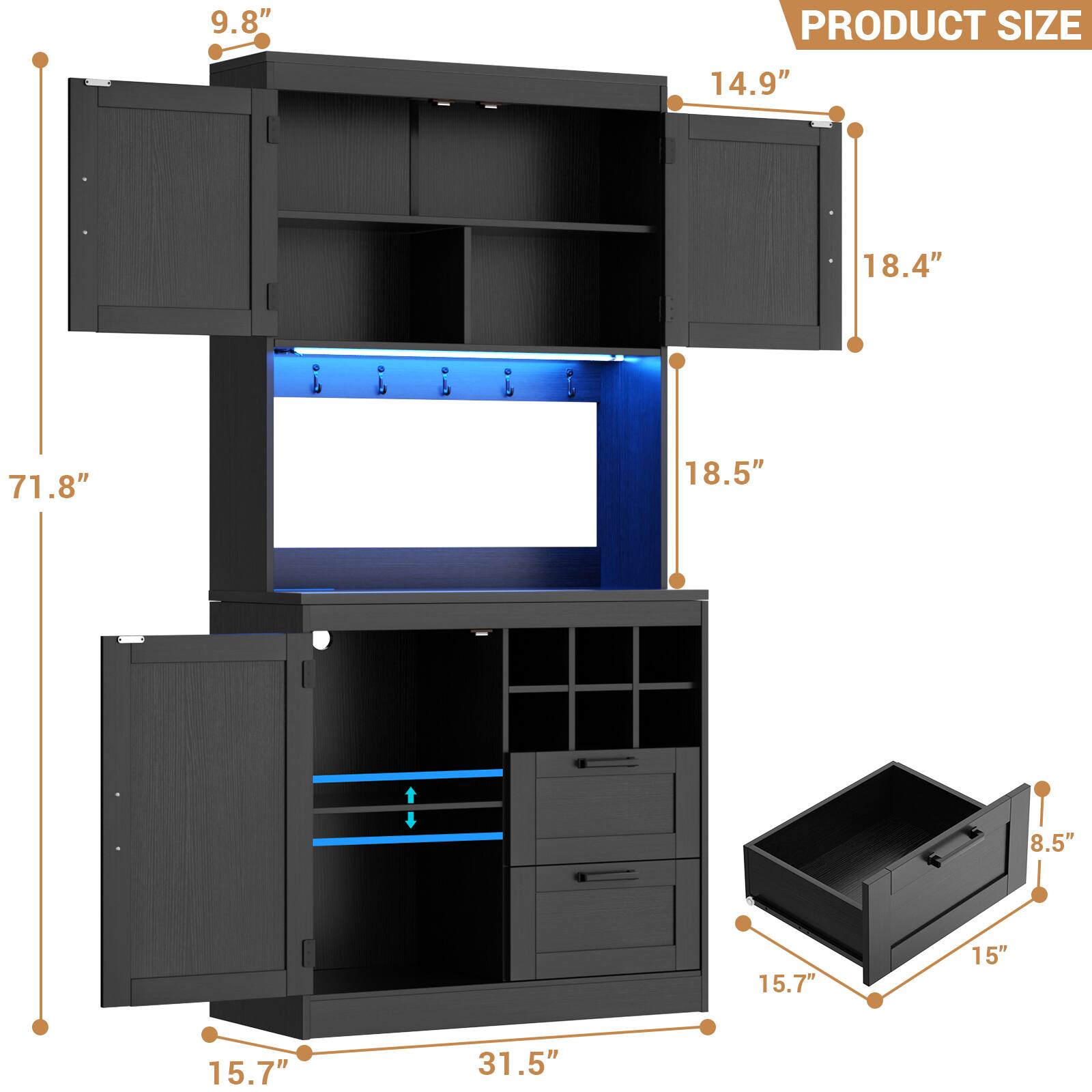 9.8"  
PRODUCT SIZE  
14.9"  
18.4"  
71.8"  
18.5"  
8.5"  
15.7"  
15"  
31.5"