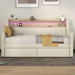 PexFix - Twin Daybed with Storage Drawers, LED Lights & Charging Station, Upholstered Bed for Guest Room - Beige