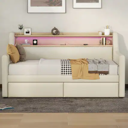 Front. PexFix - Twin Daybed with Storage Drawers, LED Lights & Charging Station, Upholstered Bed for Guest Room - Beige.