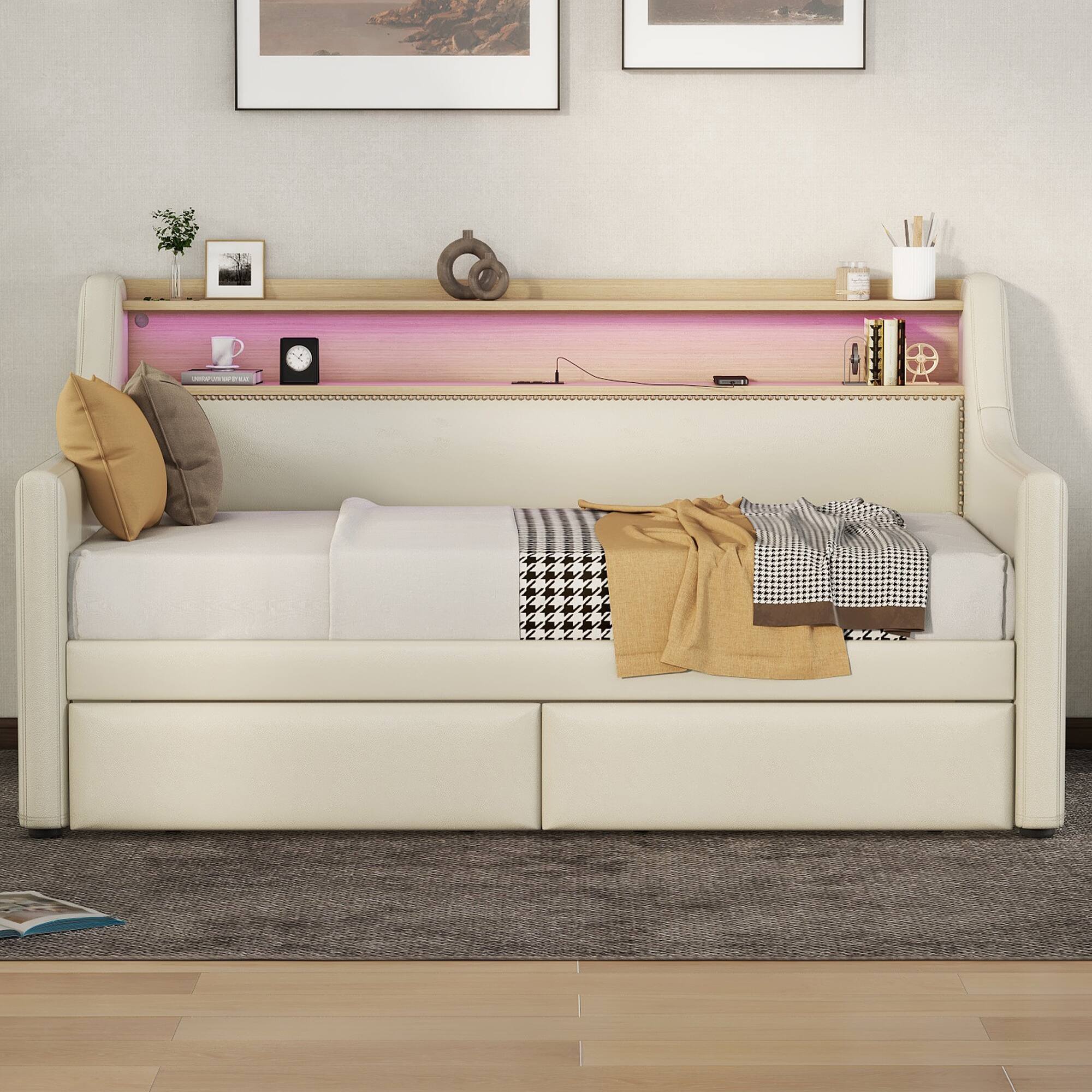 Front. PexFix - Twin Daybed with Storage Drawers, LED Lights & Charging Station, Upholstered Bed for Guest Room - Beige.