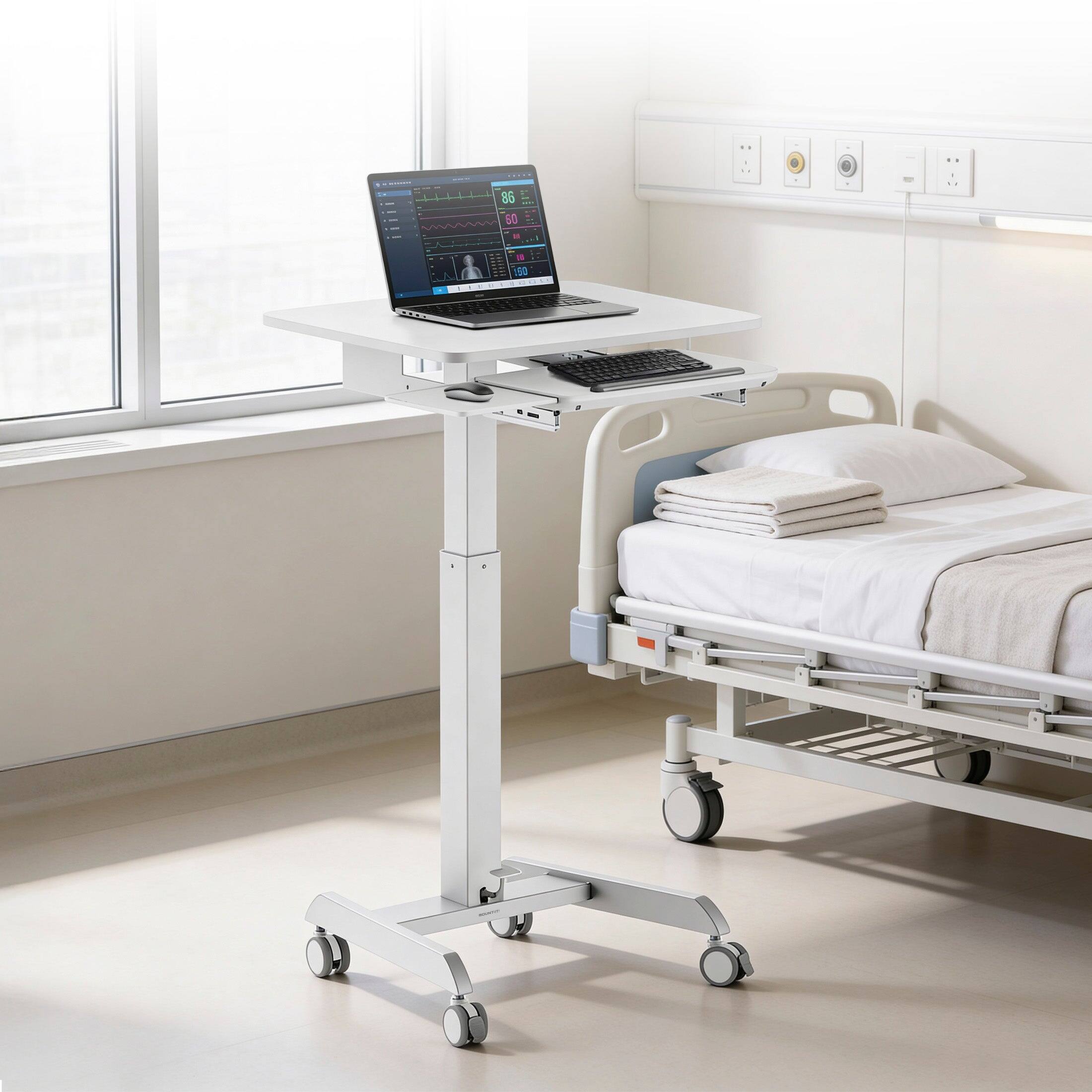 Back. Mount-It! - Mobile Laptop Cart with Pull-Out Keyboard Tray, Height Adjustable Rolling Computer Workstation - White.