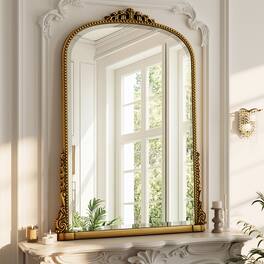 Easly - Antique 28 in. W x 40 in. H Carved Arched PU Frame Vanity Wall Mirror - Gold