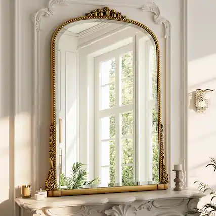 Front. Easly - Antique Gold 28 in. W x 40 in. H Carved Arched PU Frame Vanity Wall Mirror - Gold.