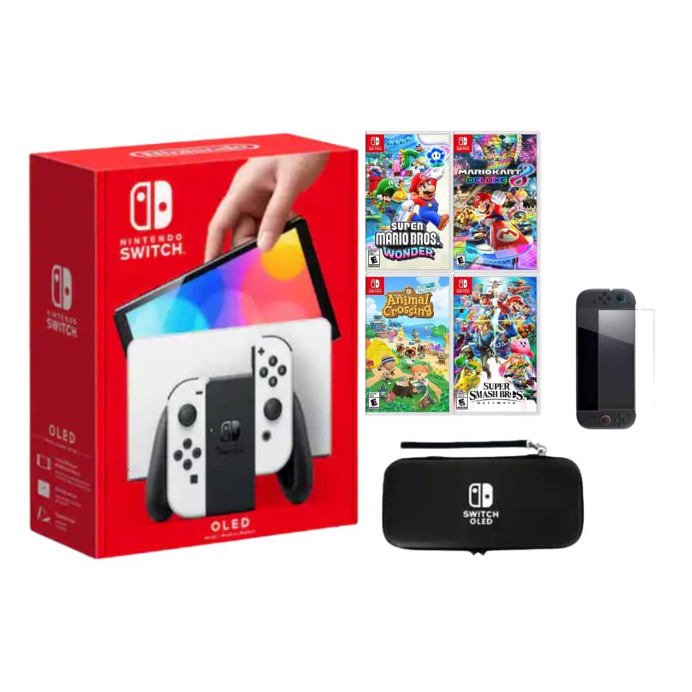 Switch Oled White With Accessories Super Mario Bros Wonder, Smash Bros, Mario Kart 8, and Animal Crossing Game price history on PriceWatchPro