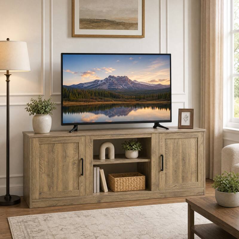 Angle. WELLFOR - Farmhouse TV Stand for TVs up to 65 ", Entertainment Center Media Console with Double Barn Doors - Natural.