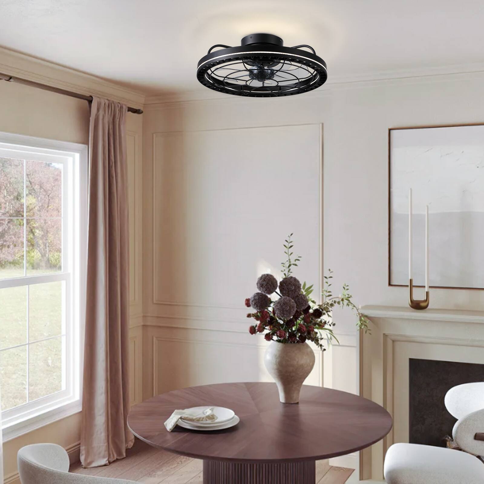 Back. Siljoy - 18.9-inch Black Iron Cage Flush Mount LED Ceiling Fan, 6-Speed Reversible Fan with Remote  APP for Bedroom Living Room - Black.