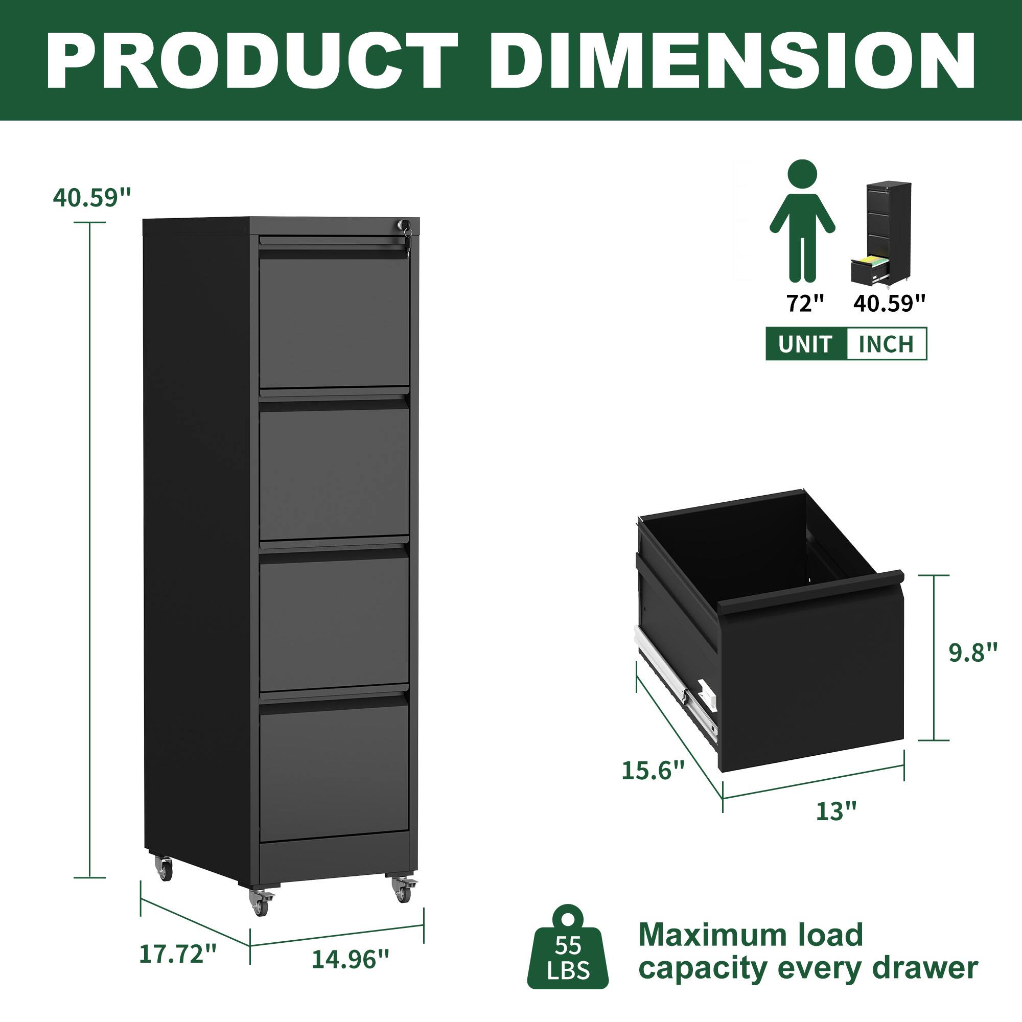 **PRODUCT DIMENSION**

- Height: 40.59"
- Width: 17.72"
- Depth: 14.96"

**Drawer Dimensions:**
- Width: 15.6"
- Depth: 13"
- Height: 9.8"

**Maximum load capacity every drawer:** 55 LBS

**Unit:** INCH

**Reference:**
- Person height: 72"
- Cabinet height: 40.59"